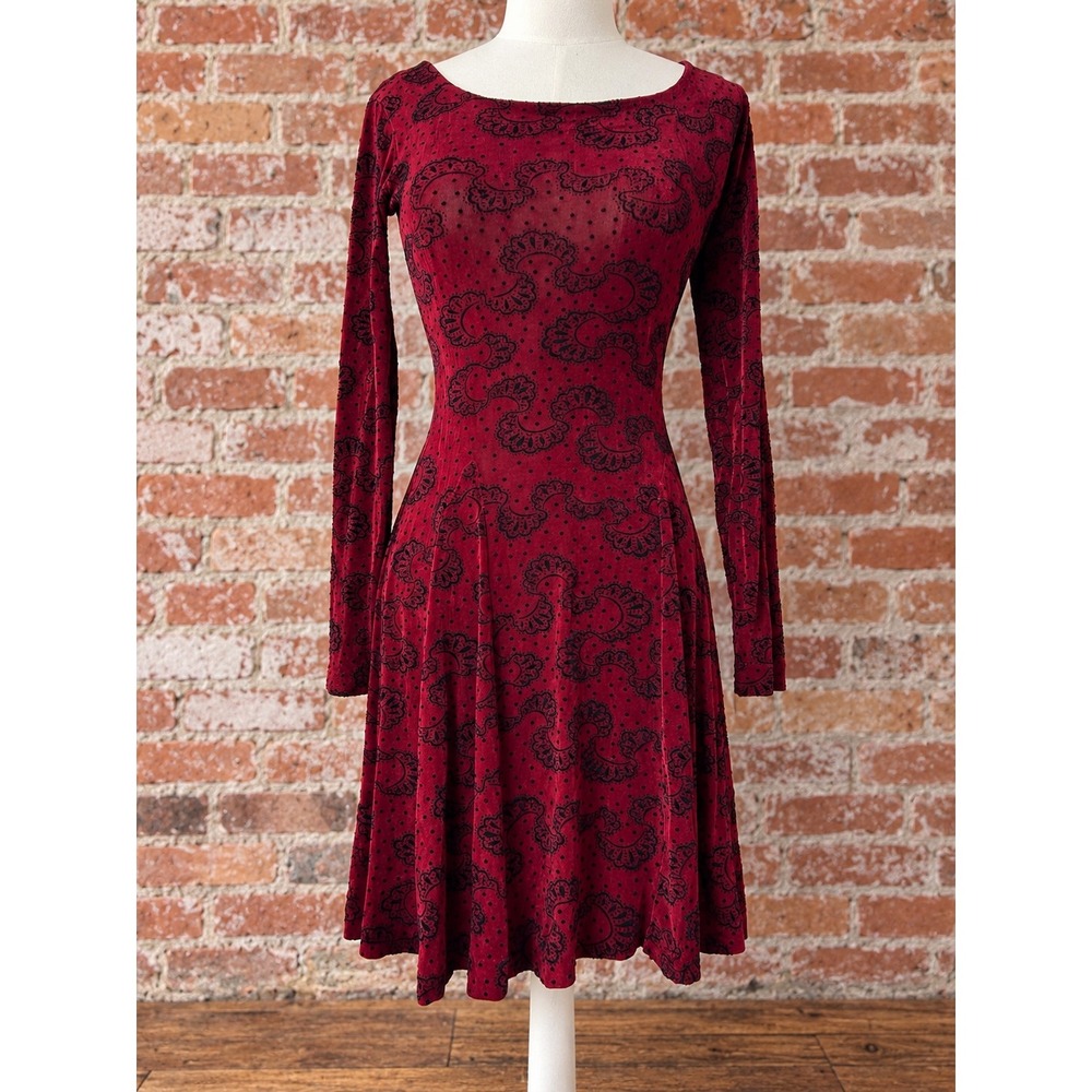 VTG 90s Betsey Johnson Red Black Fit Flare Skater Dress 8 Grunge Whimsigoth